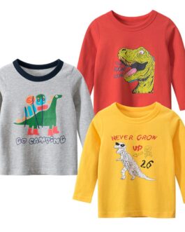 REWANGOING 3 Pack of Little Boys Girls Cotton Cute Crew Neck Cartoon Print Spting Autumn Long Sleeve Tops Tee Tunic Shirts