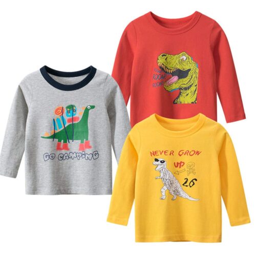 REWANGOING 3 Pack of Little Boys Girls Cotton Cute Crew Neck Cartoon Print Spting Autumn Long Sleeve Tops Tee Tunic Shirts