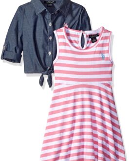 U.S. Polo Assn. Girls’ Striped Knit Skater Dress with Chambray Shirt-Jack