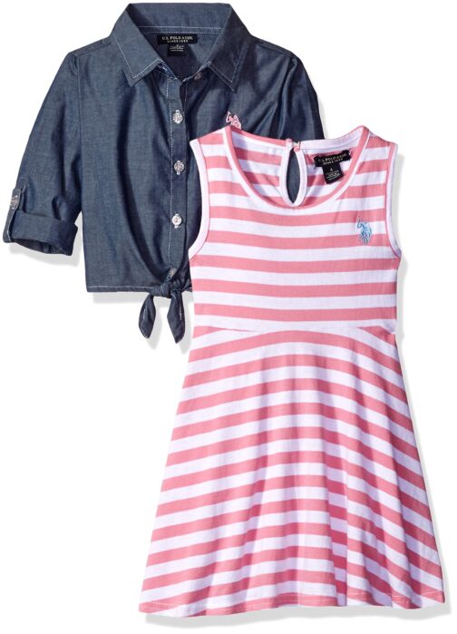 U.S. Polo Assn. Girls' Striped Knit Skater Dress with Chambray Shirt-Jack